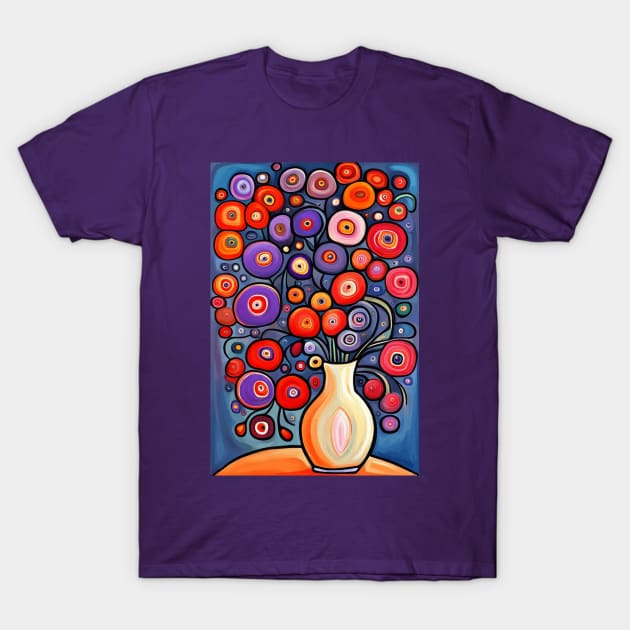 Purple and Red Cute Abstract Flowers Still Life Painting T-Shirt by bragova